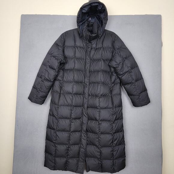 Lands End Goose Down Puffer Coat Large 14-16 Black Hooded Long Quilted Parka - Picture 1 of 13